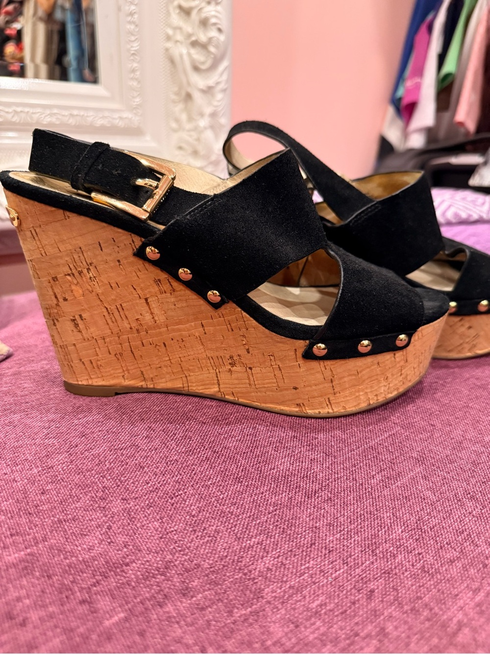 Michael Kors Black Suede Cork Wedge Sandals with Gold Accents